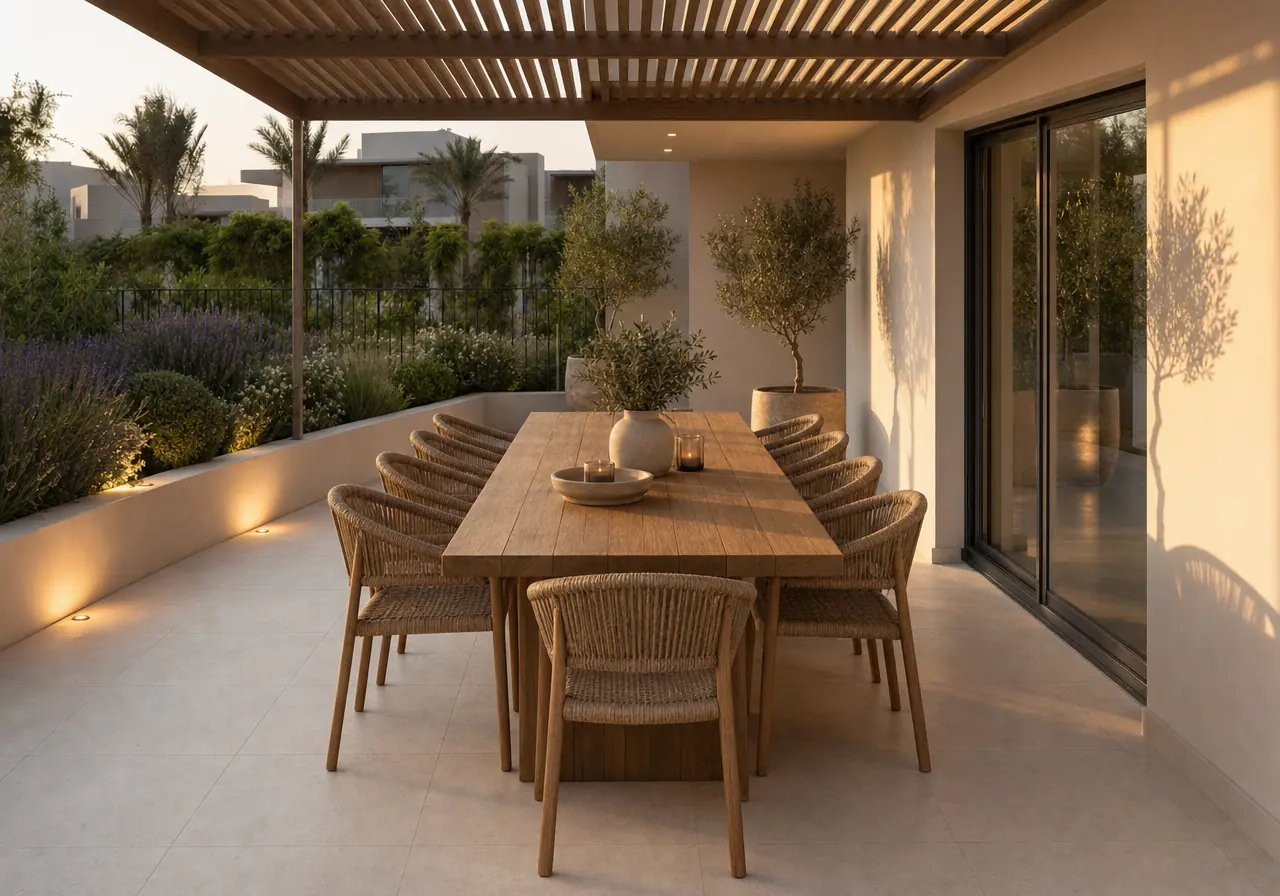 The same terrace with a pergola, teak dining table, woven chairs and full planting